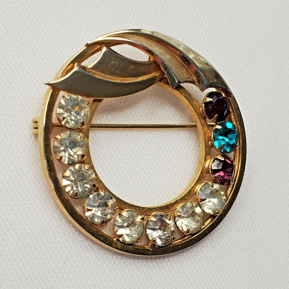 Vintage CATAMORE 1/20 12K Gold Filled Multi-colored Rhinestone Etched Brooch